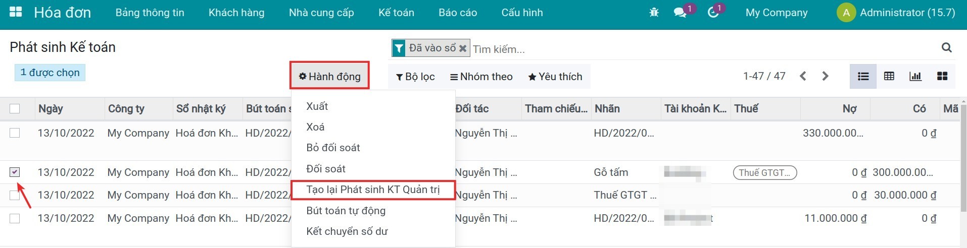 Tạo lại Phát sinh Kế toán Quản trị