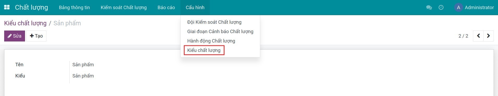 Kiểu chất lượng Sản phẩm