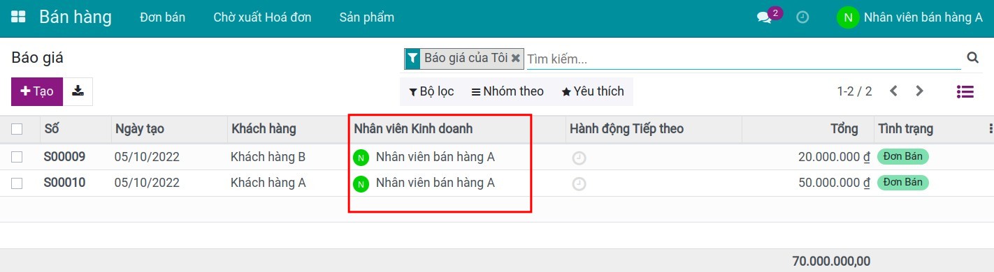 Giao diện đơn bán do mình phụ trách