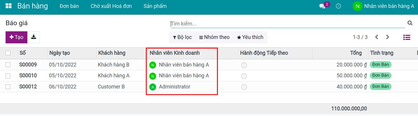 Giao diện đơn bán sau khi đã thêm người theo dõi