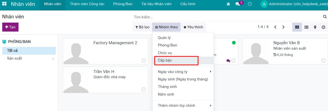 Quản lý nhân viên theo bộ lọc nhóm theo.