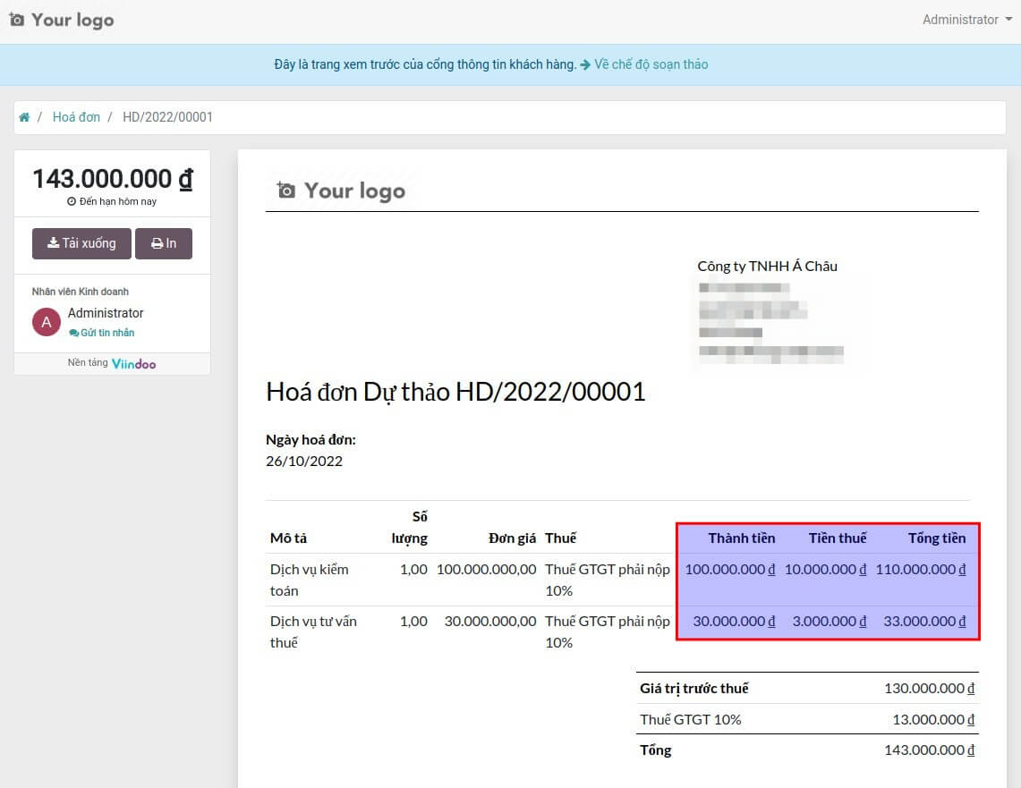 Hóa đơn định dạng PDF hiển thị thành tiền và có chi tiết thuế