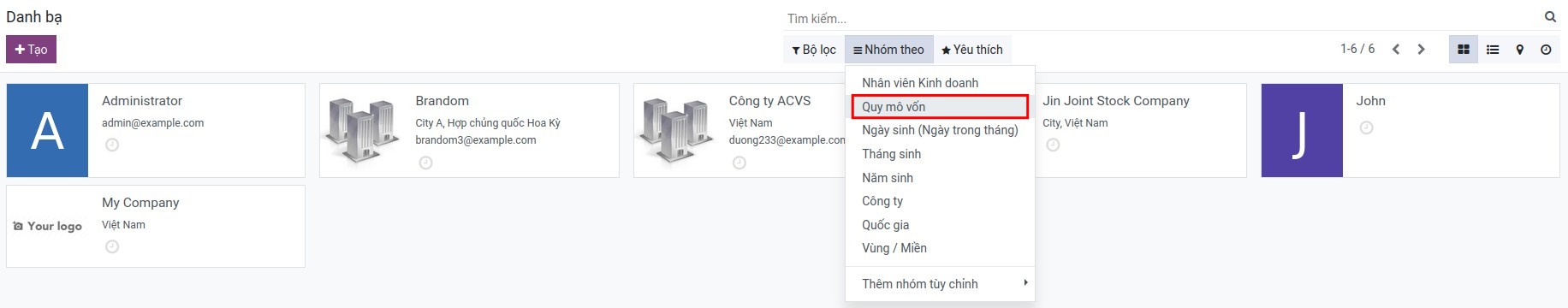 Lọc tìm doanh nghiệp theo quy mô vốn