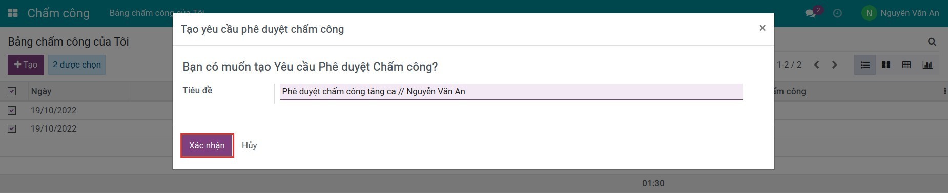 Xác nhận tạo đề nghị phê duyệt chấm công