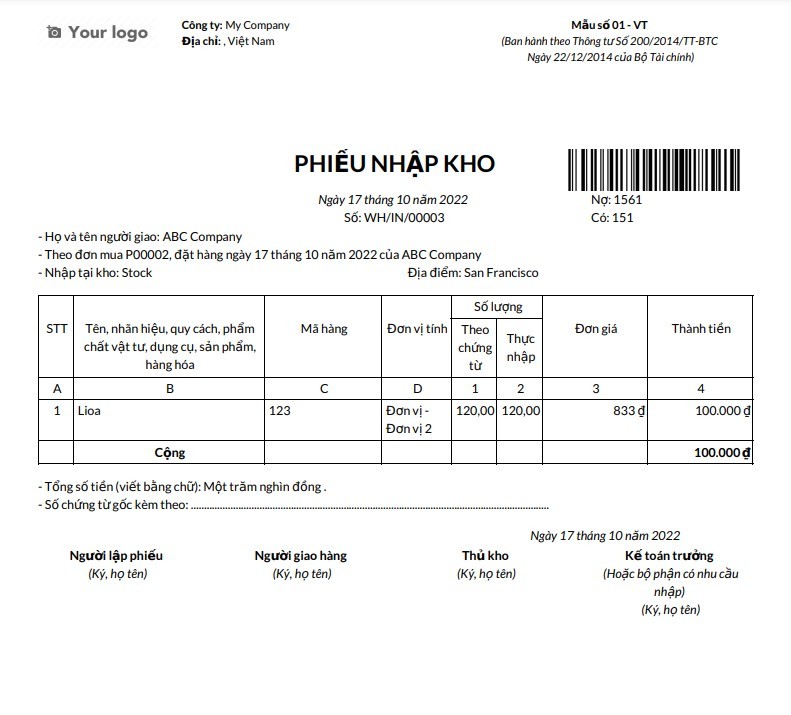 Phiếu nhập kho pdf