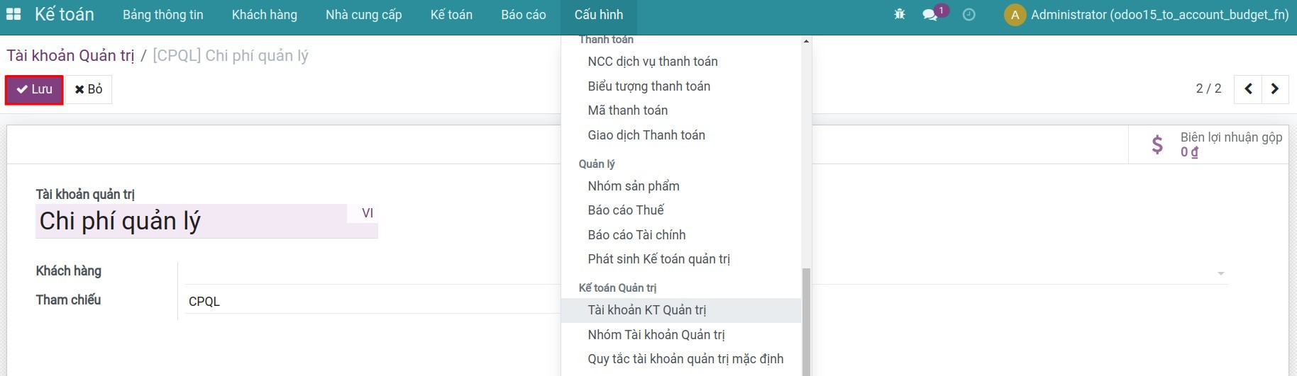 Tạo tài khoản kế toán quản trị trong ứng dụng Hóa đơn và thanh toán