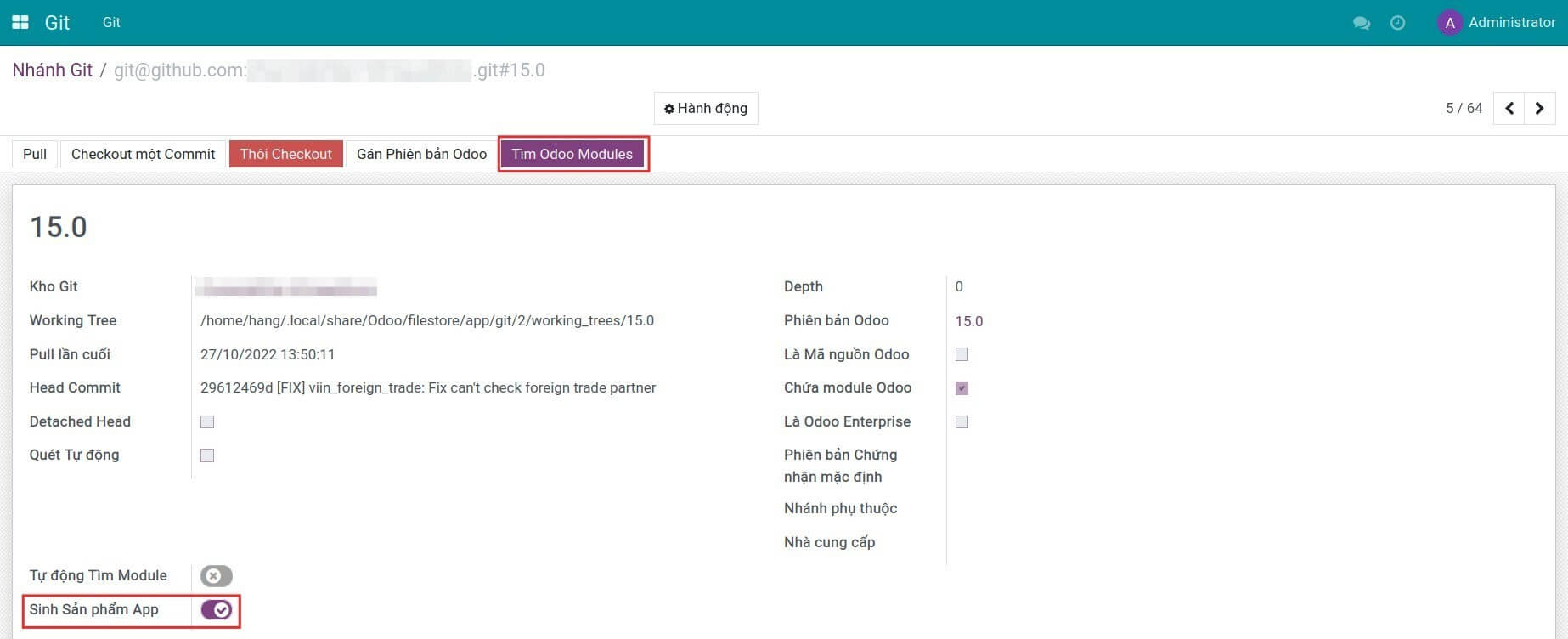 Tìm Odoo Modules tại nhánh git