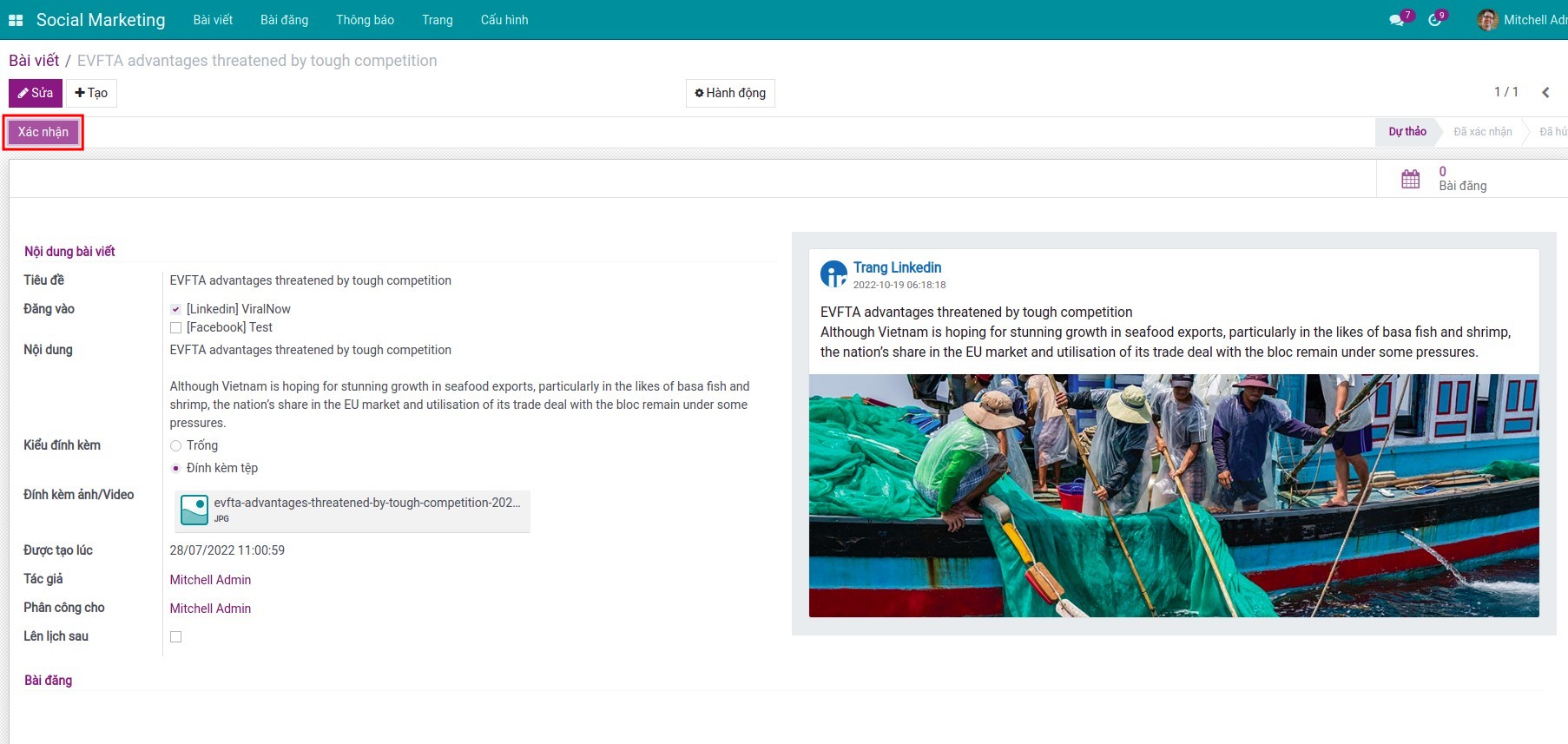Xác nhận bài viết trên ứng dụng social maketing
