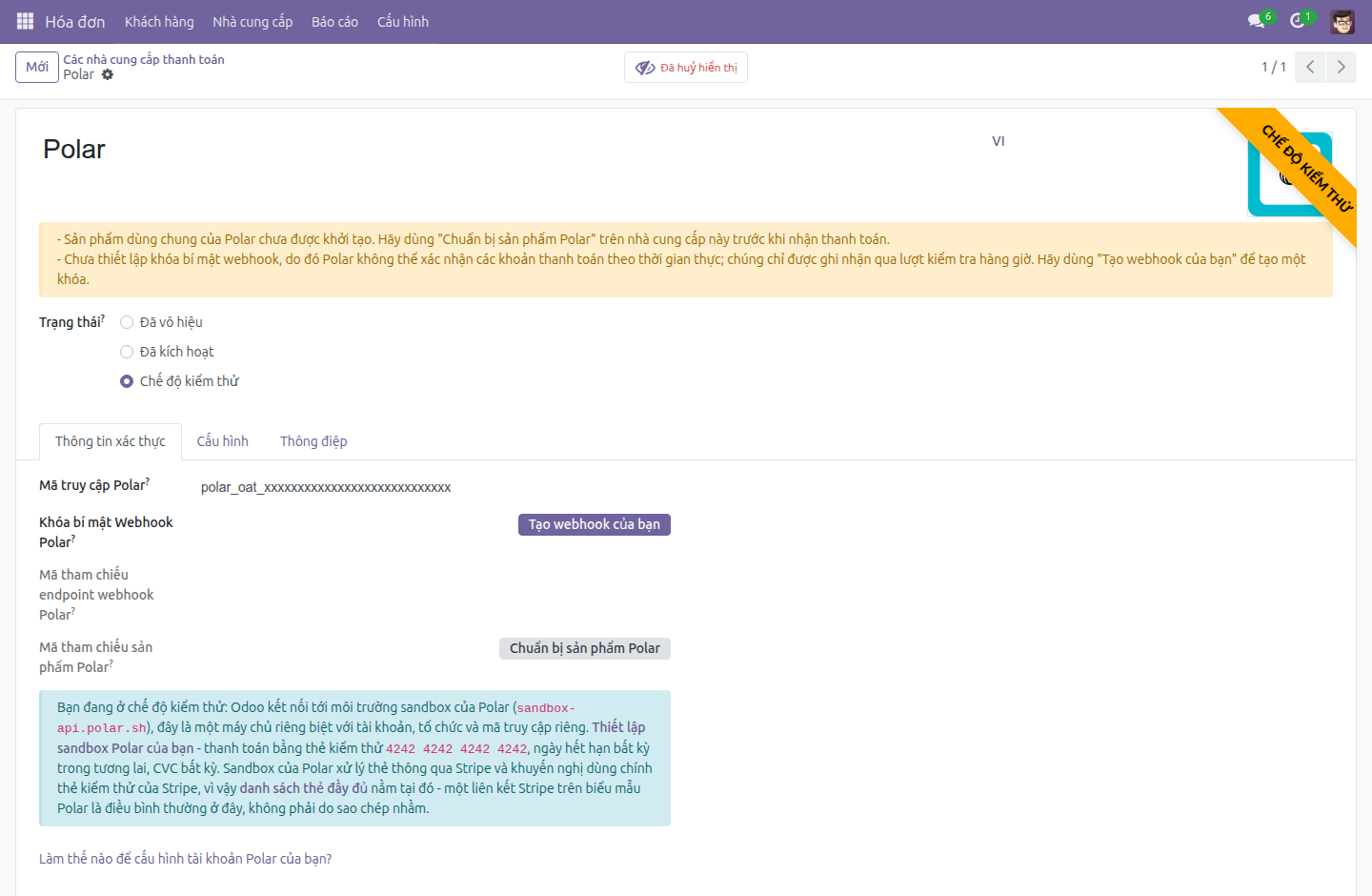Nhà cung cấp Polar ở Chế độ kiểm thử, với nút Tạo webhook của bạn, ghi chú về sandbox và banner cảnh báo cấu hình