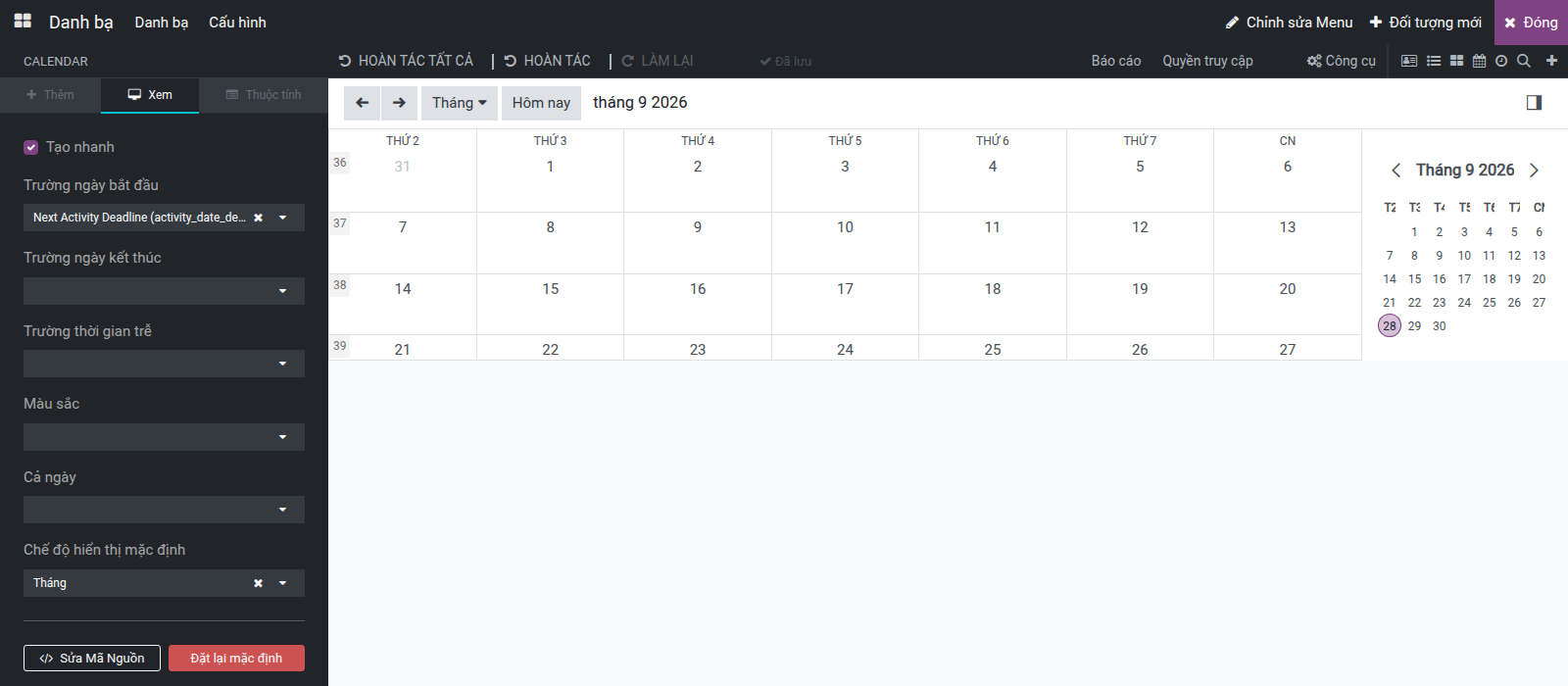 Các tùy chọn ở tab Xem của view Calendar, cạnh vùng chỉnh sửa lịch