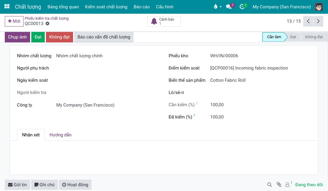 Phiếu kiểm tra chất lượng với nút Đạt và Không đạt, như nhóm chất lượng thấy