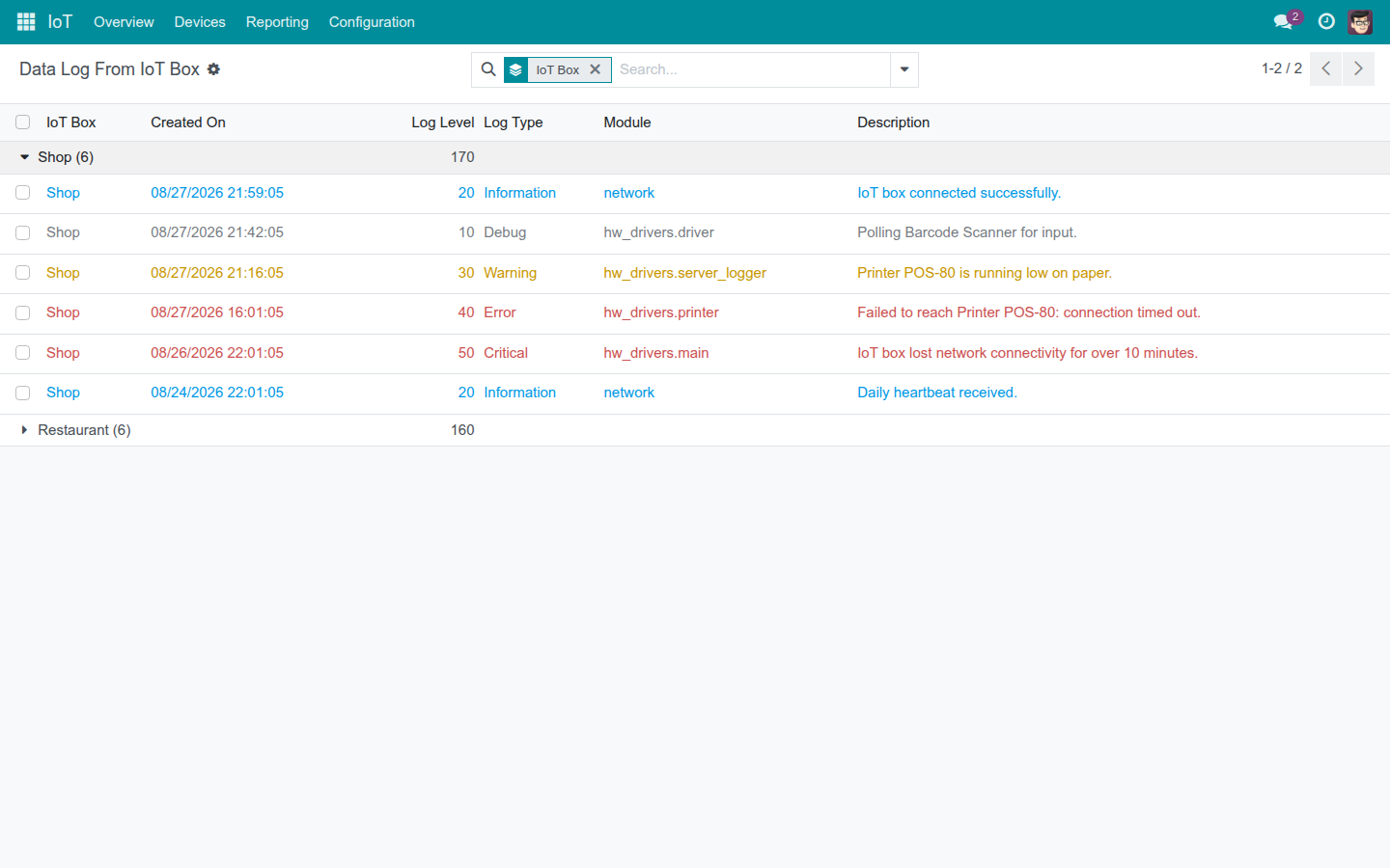 Device Logs list with real diagnostic rows