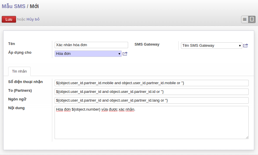 sms template form