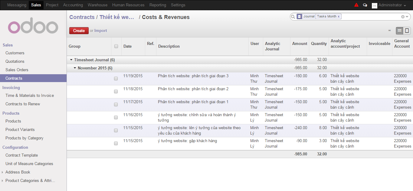 Quản lý chi phí trong module Project Management ERP