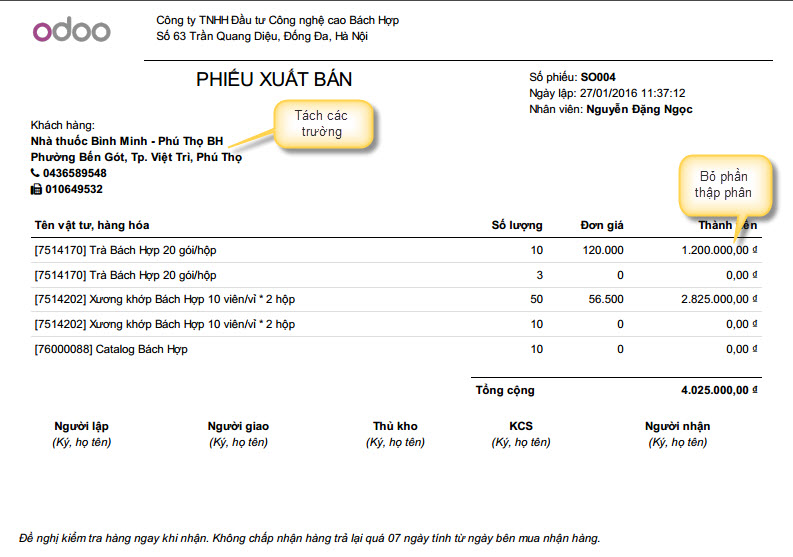 Sửa layout bản PDF của Sales quotation order invoice