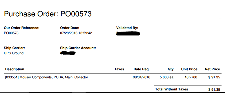 Purchase order report with shipping carrier