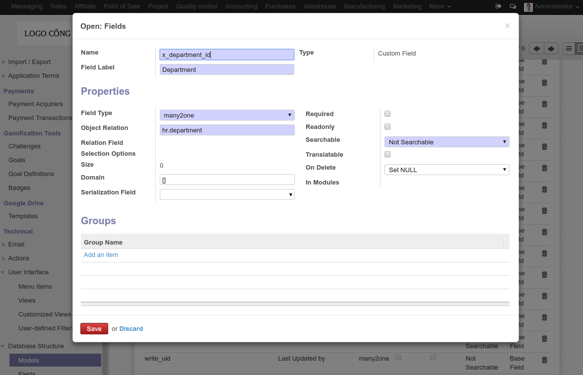 Department field in customer contact