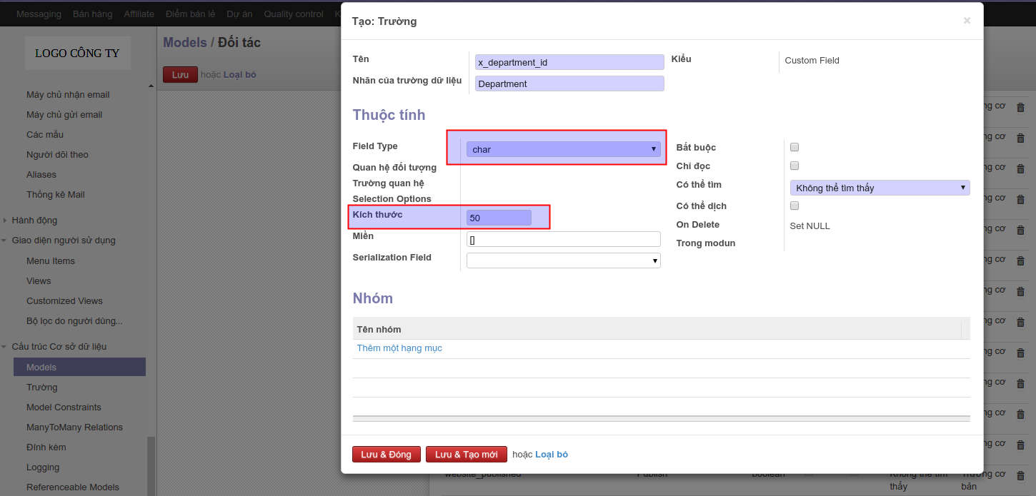 Department field in customer contact