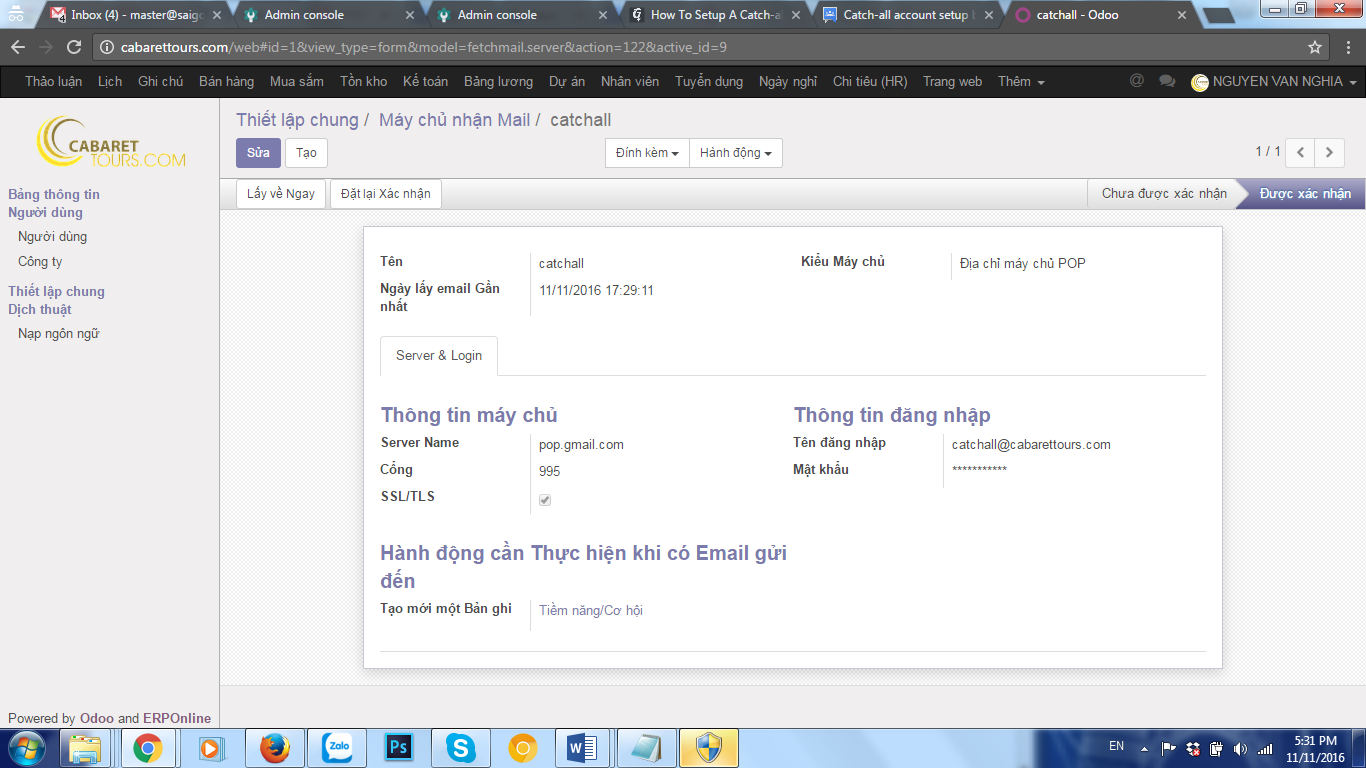 Cài đặt email catchall odoo 10