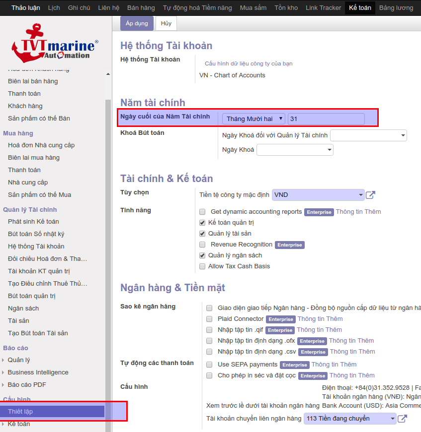 Cấu hình tính năng kế toán trong ERP
