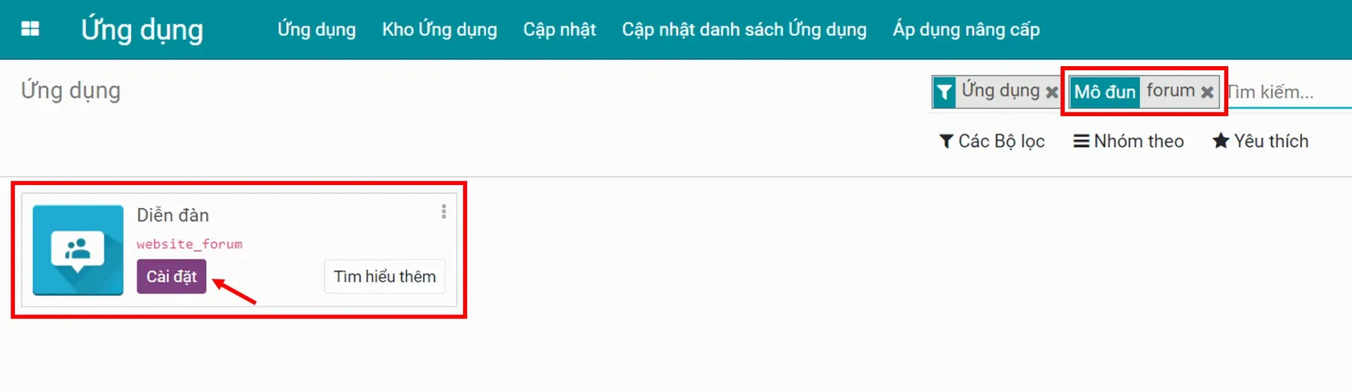 (Hình 1.1) Cài đặt ứng dụng Diễn đàn trên Odoo/ ERPOnline