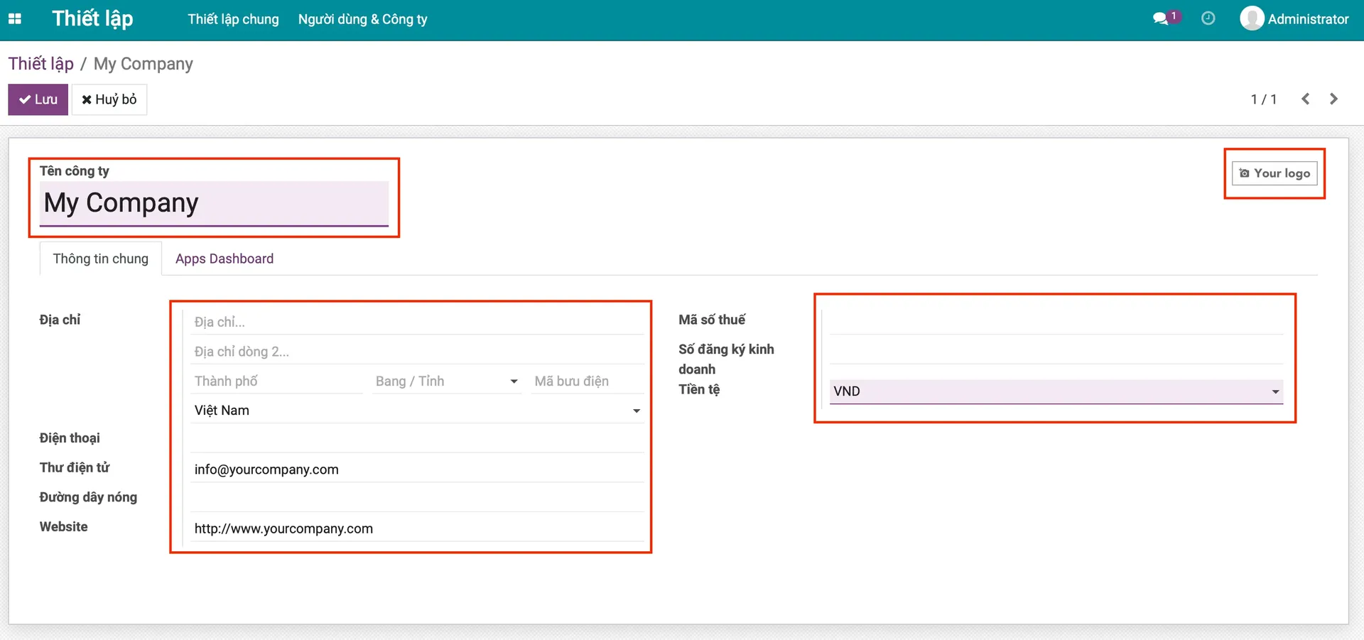Thiết lập thông tin công ty Odoo ERPOnline