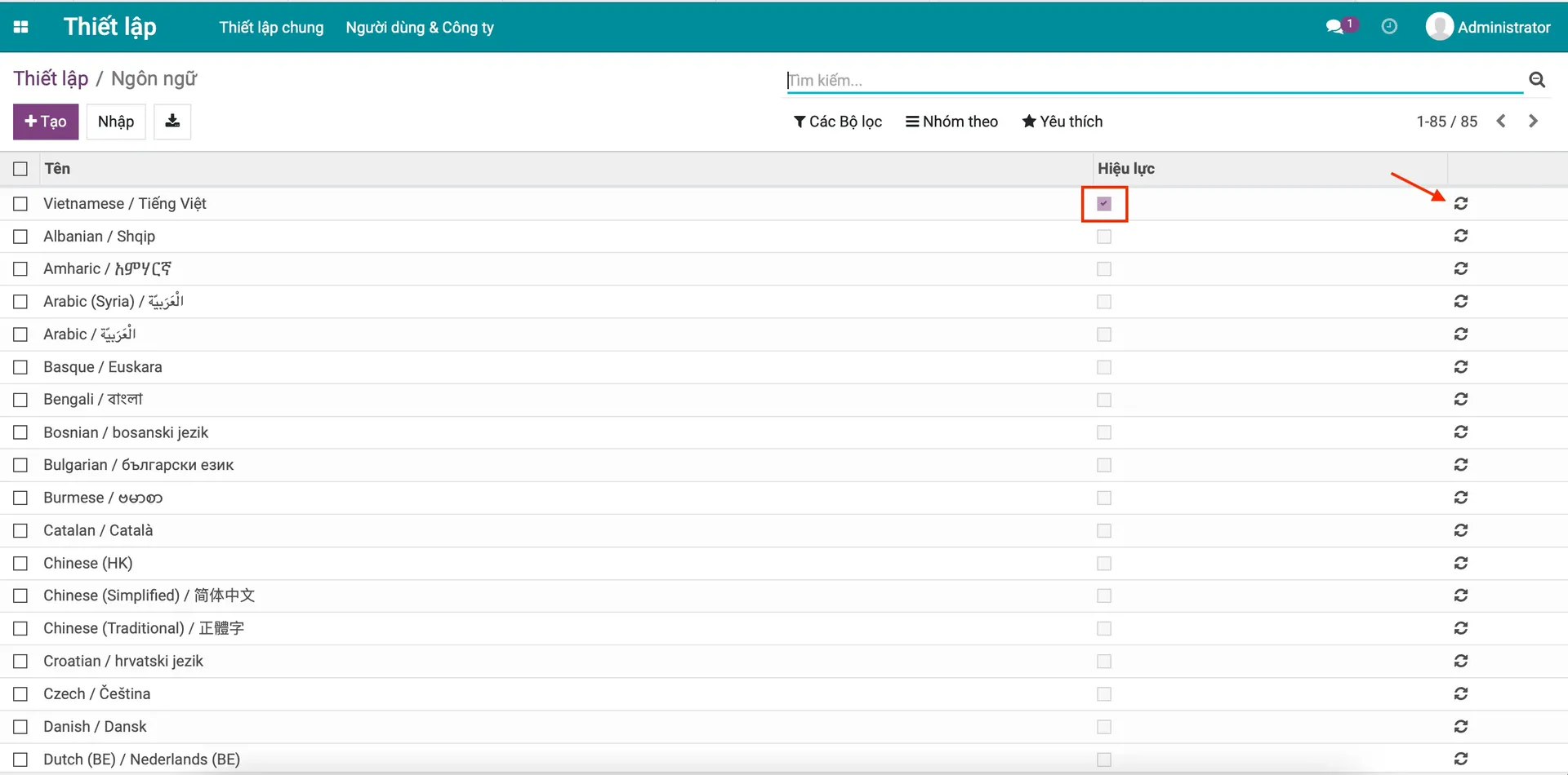 Kích hoạt thêm ngôn ngữ người dùng trong Odoo ERPOnline