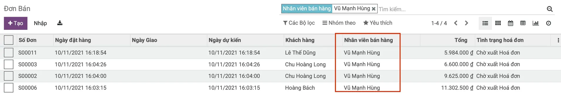 Bộ lọc nhân viên bán hàng trong Odoo ERPONline