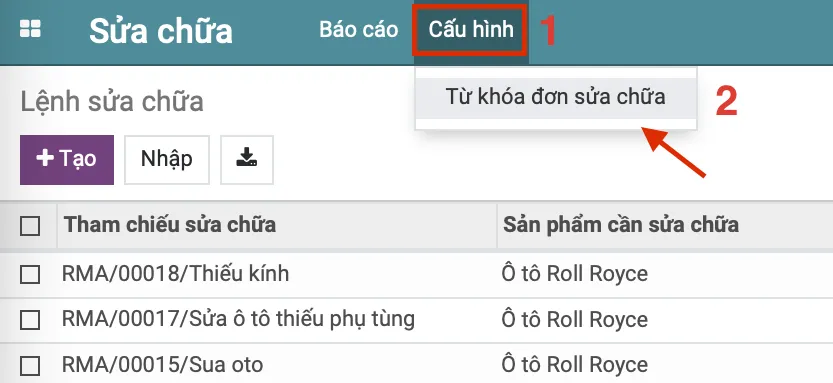 Thiết lập thẻ tag cho Lệnh sửa chữa trong Odoo/ERPonline thiet-lap-the-tag-trong-sua-chua-o-erponline