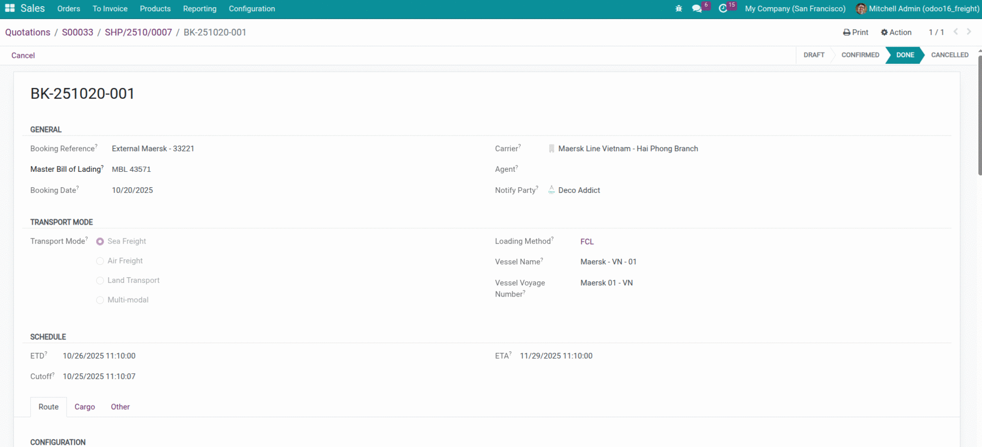 Quản lý vận hành tải hóa chất Odoo