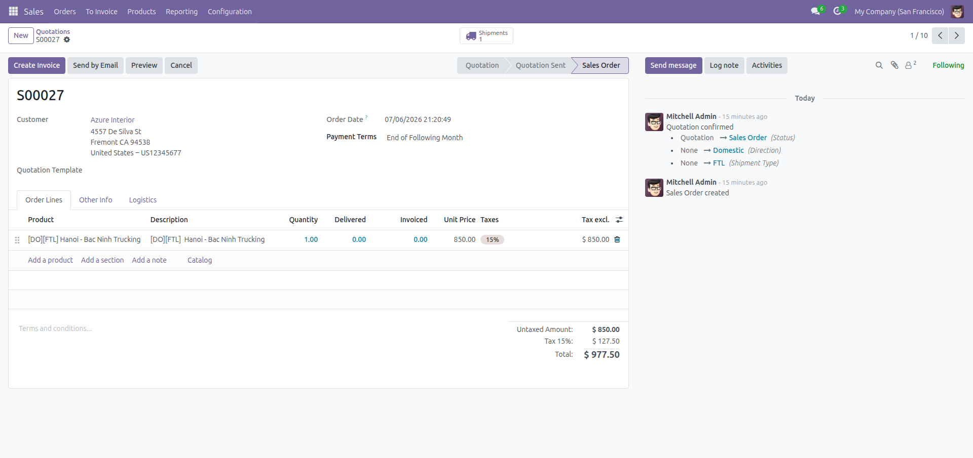 Logistics Shipment Sale Integration